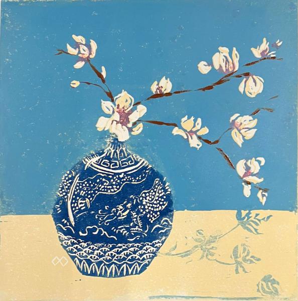 Magnolia in Dragon Vase reduction linocut